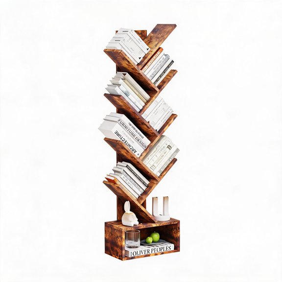Panapinka 47.4" Tree Shaped Bookshelf with Anti-Fall Device, Vertical Narrow Book Storage Rack, Space-Saving Wooden Display Shelf for Books, CDs, Magazines, Living Room