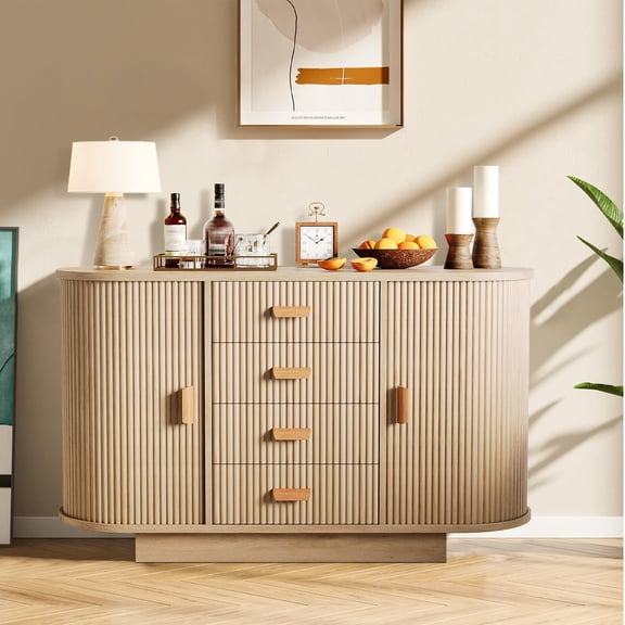 Panapinka 47" Fluted Sideboard Storage Cabinet, Credenza Kitchen Buffet Table with 4 Drawers and 2 Arched Sliding Doors, Modern Media Console Table Coffee Bar with Storage for Dining Living Room