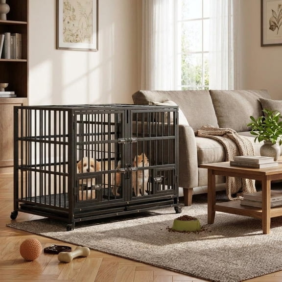 Panapinka 48" Heavy-Duty Dog Crate with 2 Feeding Doors & Blows, Removable Tray & Wheels, Large Metal Kennel for Small/Medium/Large Dogs, Secure & Durable