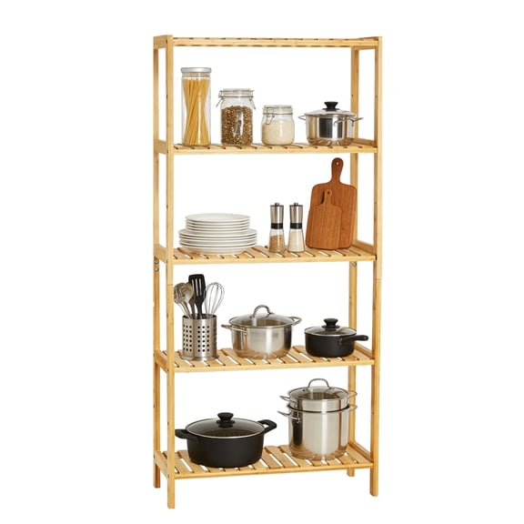 Panapinka 5-Tier Wide Bamboo Shelf Narrow Bathroom Shelf with Slatted Shelves Natural Wood Plant Stand Standing Towel Rack Corner Rack for Bathroom Entryway Bedroom Kitchen Sunroom