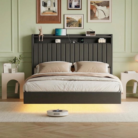 Panapinka 50'' Tall Full Floating Bed with LED Lights & Charging Station, PU Leather Bed Frame with Storage Headboard, Kick-Free, Noise-Free, Easy Assembly, No Box Spring Needed