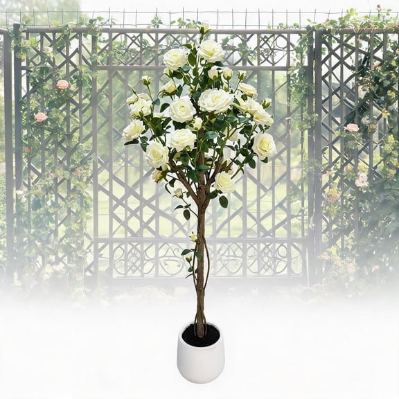 Panapinka 5FT Artificial White Rose Tree with White Planter, Fake Plant for Home Office Decor, Faux Outdoor Plants Indoor for Living Room Entryway, Silk Flowers No Maintenance