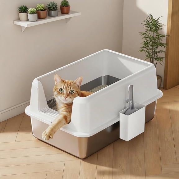 Panapinka 6'' Deep Non-tick Stainless Steel Cat Litter Box, Large Durable Metal Cat Toilet with Side Opening Lid & Free Scoop, Splash & Leak Proof, Easy to Clean
