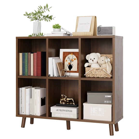 Panapinka 6 Tier Mid-Century Modern Bookshelf, Rustic Brown Wood Cube Storage Organizer with Wood & Anti-Tipping Legs, Retro Open Bookcase Display Shelf for Living Room, Home Office, Bedroom