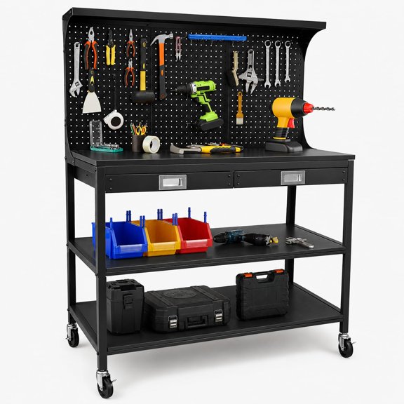Panapinka 60" Adjustable Workbench with Wheels, Heavy Duty Garage Work Table 2000 Lbs, Rubber Wood Top, Tool Storage Drawer & Pegboard, Integrated Power Strip for Workshop
