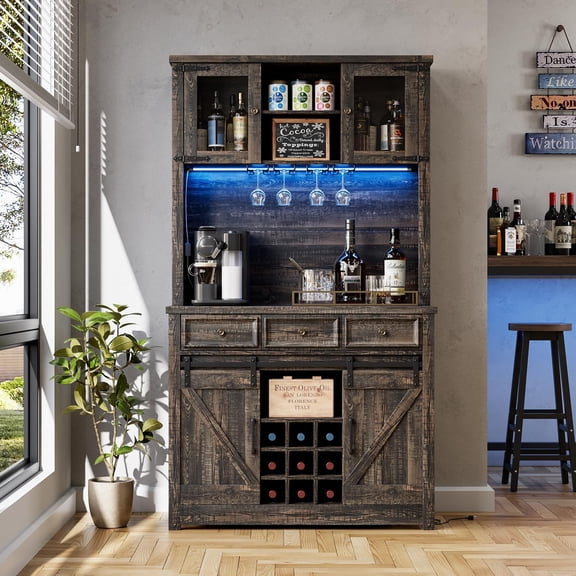 Panapinka 72" Modern Farmhouse Coffee Bar Cabinet Hutch - LED Lights & Built-In Power Outlets - Sliding Barn Doors, Wine Storage & 3 Drawers, Deadwood