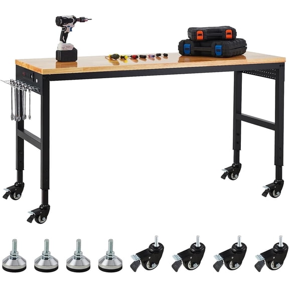 Panapinka Adjustable Workbench 72" x 25", 2000 LBS Load Capacity, 29.5"-38.4" Height Garage Worktable with Power Outlet, Locking Wheels and 35 Hooks, Heavy-Duty Workbench for Workshop Office
