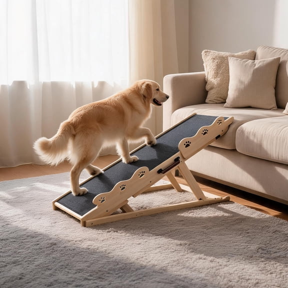 Panapinka Dog Ramp with Adjustable Pet Ramp, Anti-Slip Rubber Mat, Safety Side Rails, 5 Height Settings, Holds Up to 250lb, and Pet Ramp for Bed