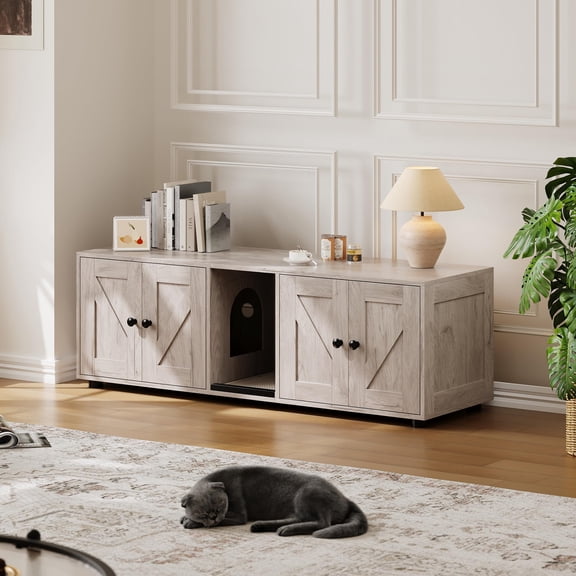 Panapinka Double Cat Litter Box Enclosure Cabinet for 2 Cats,Hidden Cat Litter Furniture with Storage,Indoor Privacy Cat House,Dual Litter Box TV Stand