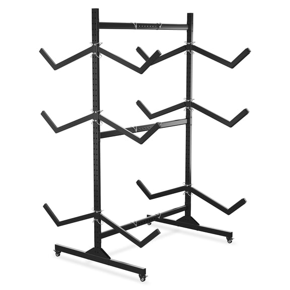 Panapinka Double-Sided 3-Tier Kayak Storage Rack with Wheels, Adjustable Freestanding Cold Rolled Steel Stand for Kayaks, SUPs, Canoes, Indoor Outdoor Garage Dock Use