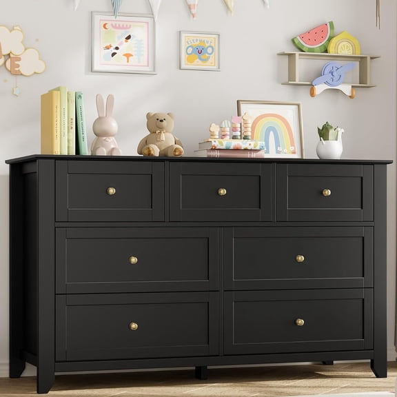 Panapinka Dresser with 7 Deep Drawers for Bedroom, Modern Simplist Wood Storage Chest with Gold Handles, Oversize Organizer for Closet, Hallway, Living Room, Entryway