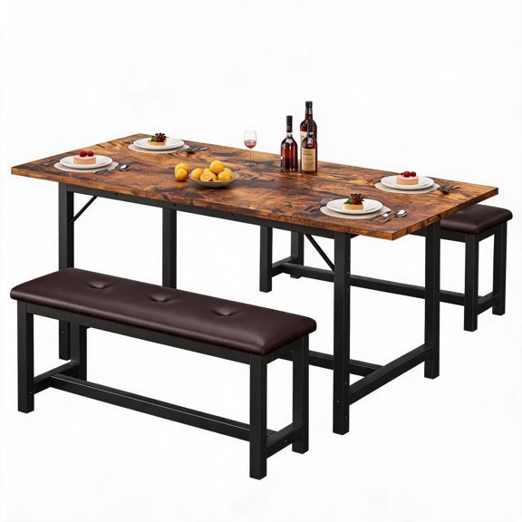 Panapinka Extendable Dining Table Set with 2 Upholstered Benches, 63" Rectangular Kitchen Table & Bench Set for 4-6, Space Saving Small Dinette Set with Sturdy Metal Frame for Apartment