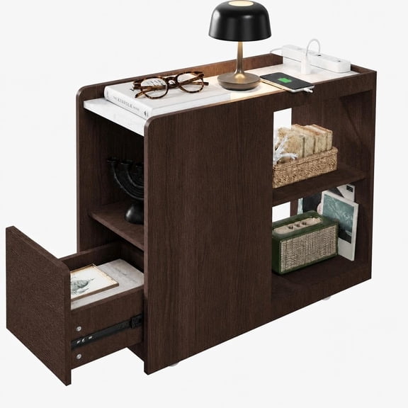 Panapinka Farmhouse End Table with Charging Station,End Table with Charging Station, Rolling Side Table with Drawer, 3-Level Adjustable Shelf, 2 AC Outlets, USB and Type-c Ports, Lockable Wheels