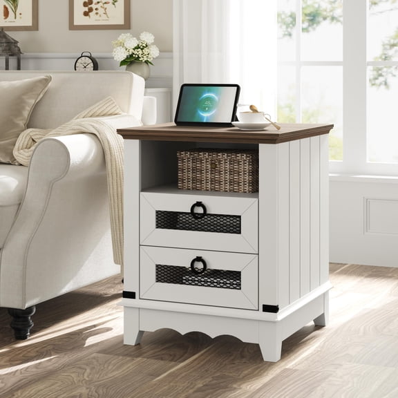 Panapinka Farmhouse Nightstand 18", Bedside Table with Charging Station | Farmhouse Design, Charging Station, 2 USB Ports, 2 AC Outlets, 4.9ft Power Cord, Wave Base, 2 Iron Mesh Drawer, Open Cubby