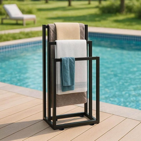 Panapinka Free Standing Towel Rack with 3 Shelves & Adjustable Feet, 39" Pool Bathroom Towel Drying Rack for Poolside, Laundry Room, No Drilling Required, Blanket & Quilt Holder