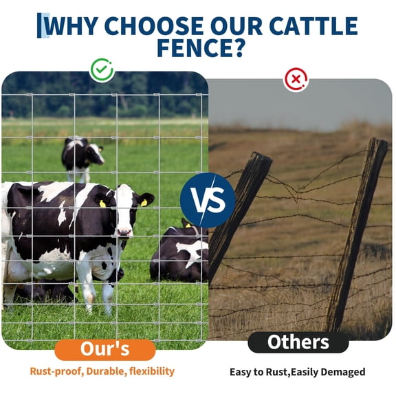 Panapinka Heavy Duty Galvanized Livestock Wire Fence, Rust-Resistant Steel Mesh Roll, Outdoor Protection for Cattle, Deer, Goat, Hog, Sheep, Farm & Yard Barrier