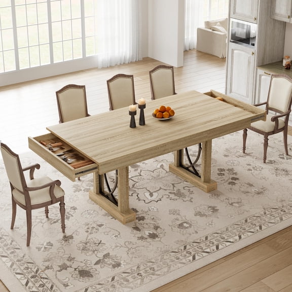 Panapinka Industrial Dining Table for 6-8 with 2 Drawers, 71-Inch Wood Kitchen Table with Large Tabletop & Sturdy Frame, Rectangular Dining Room Table for Dinner, Living Room