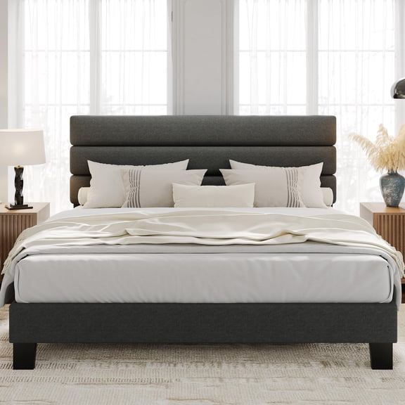Panapinka King Size Platform Bed Frame with Adjustable Headboard, Linen Fabric Upholstered, Wooden Slats Support, Heavy Duty Mattress Foundation, No Box Spring Needed, Easy Assembly