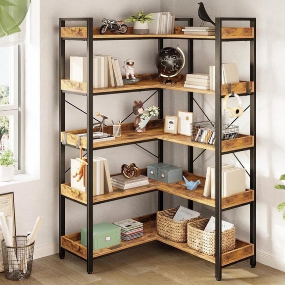 Panapinka L-Shaped 5-Tier Corner Bookshelf, 66in Tall Industrial Wooden Bookcase with Open Storage Shelves and Metal Frame, Display Shelving Unit with 4 Hooks, Rustic Style for Living Room, Bedroom