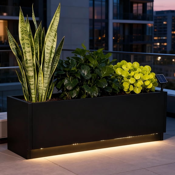 Panapinka Metal Trough Planter 120x40x40cm with LED Light Strips & Controller, Drainage Holes, Illuminated Rectangular Plant Pot, Weather-Resistant, Easy Assembly
