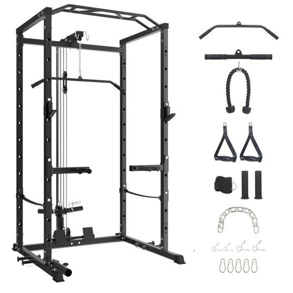 Panapinka Multi-Functional Power Cage 1600LBS Capacity, Squat Rack with LAT Pulldown, Cable Pulley, J-Hooks, Strength Training Gantry for Home Gym, Heavy-Duty