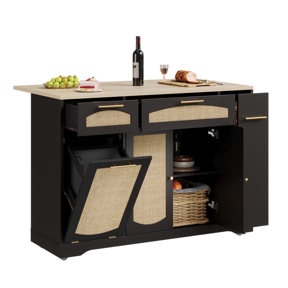 Panapinka Multi-Functional Rattan Kitchen Island Cart with Drop Leaf, Tilt-Out Trash Can, Storage Cabinet, Drawers, Spice Rack, 2-Door Mobile Table, Rolling Countertop