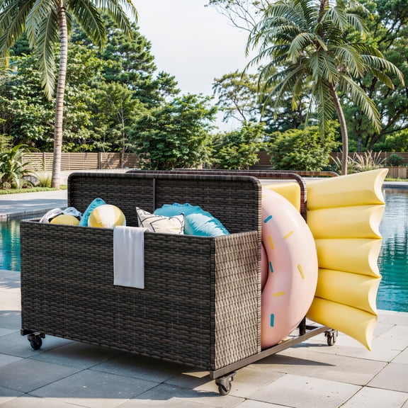 Panapinka Outdoor Rattan Pool Caddy With Wheels, Outdoor Wicker Patio Poolside Float Storage, Pool Float Caddy for Floaties, Noodles, Life Vests, Beach Balls, Toys