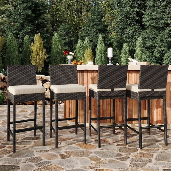 Panapinka Outdoor Wicker Bar Stools Set of 4,Patio Rattan Barstools for Backyard