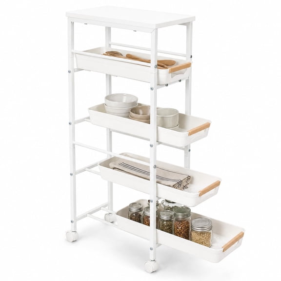 Panapinka Rolling Storage Cart on Wheels, Rolling Cart Organizer with Pull-Out Basket & Tabletop, 5 Tier Kitchen Cart Saving-Space for Kitchen Living Room Pantry