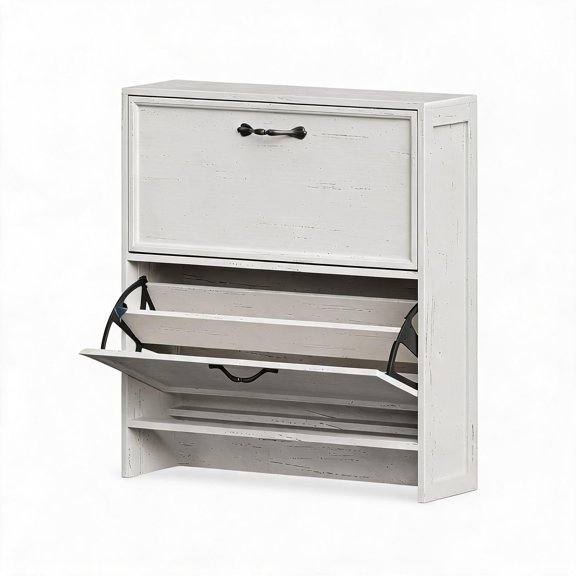 Panapinka Slim Shoe Cabinet with 2 Turn Drawers & Adjustable Shelf, Hidden Storage, Anti-Tipping, Freestanding Entryway Organizer for Hallway, Compact Design