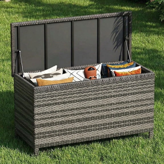 Panapinka Wicker Deck Box, 185 Gallon All-Weather Outdoor Storage Box, Rattan Storage Bin for Patio Furniture, Outdoor Cushions, Pool Storage and Garden Tools