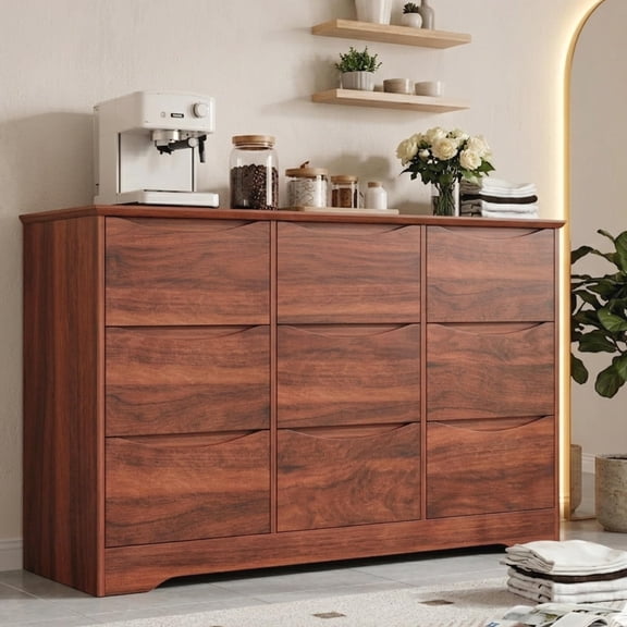 Panapinka Wooden Dresser with 9 Drawers, Tall Modern Chest of Drawers with Deep Storage and Wide Top, Long Dresser for Bedroom, Living Room, Hallway or Kids Room
