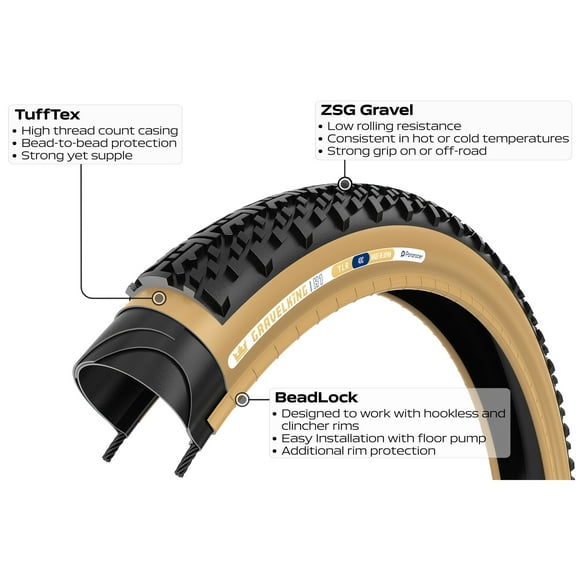 Panaracer GravelKing X1 Gravel Tire, 700x40C, Folding, Tubeless Ready, ZSG Gravel, Tuff Tex, BeadLock, 120, Black