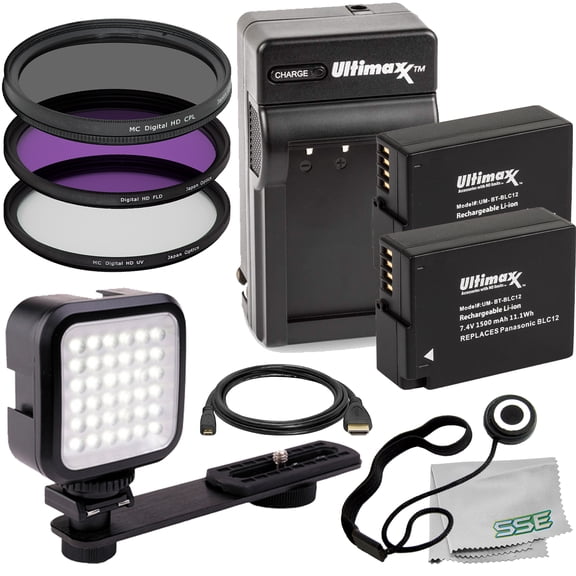 Panasonic 10PC Essential Accessory Kit: 2x Extended Life Replacement BLC12 Batteries, 3PC HD UV Filter Kit (UV, CPL, FLD), Ultra Bright 36 LED Light with Bracket & More