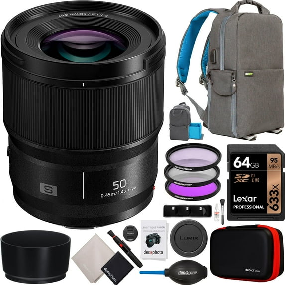 Panasonic 50mm F1.8 Lens LUMIX S Series for L-Mount Mirrorless Full Frame Cameras S-S50 Bundle with Deco Gear Photography Backpack Case + UV, Polarizer & FLD Filter Kit + Accessories Set