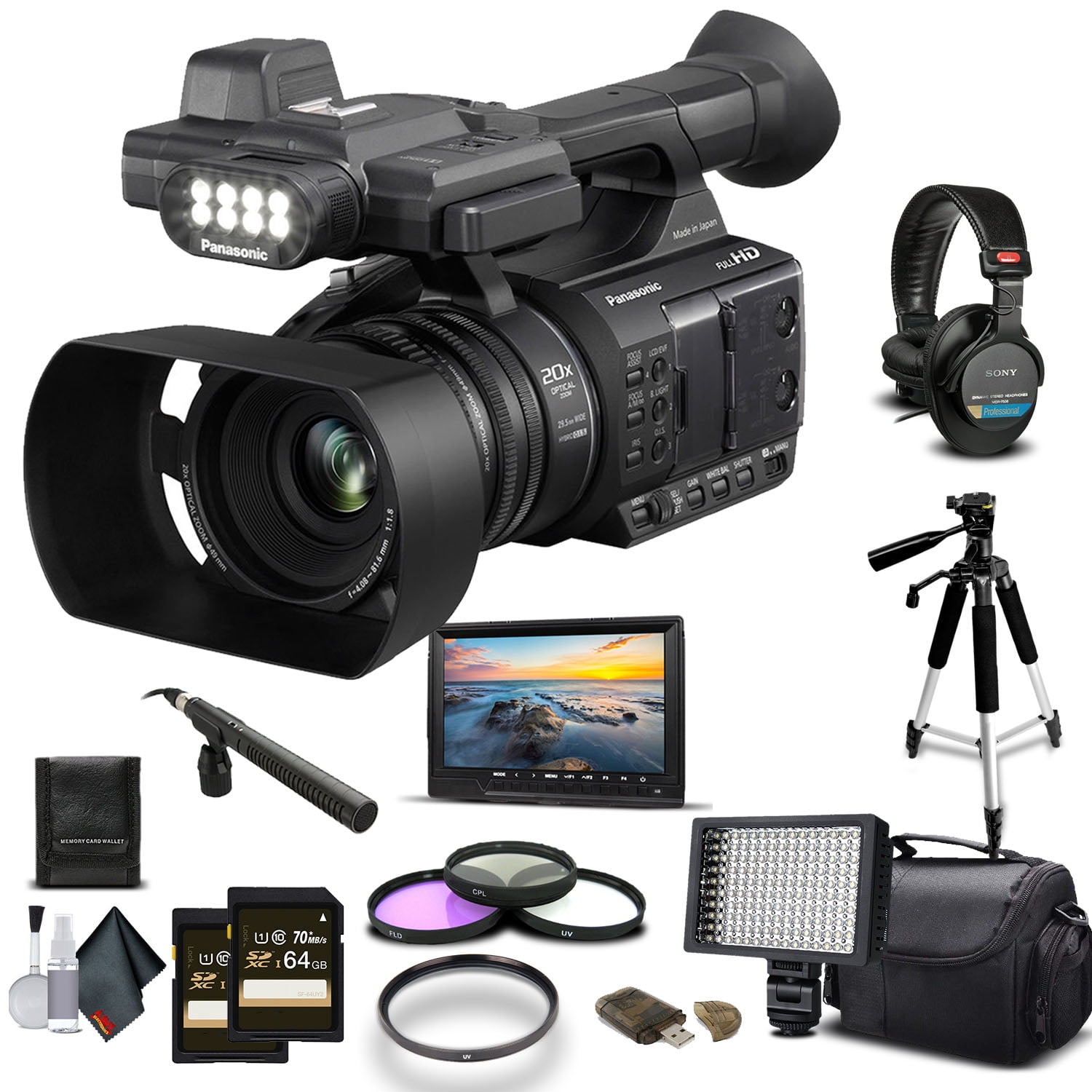 Panasonic AG-AC30 Full HD Camcorder (AG-AC30PJ) With -64GB Memory Card,  UV Filter, LED Light, Case, Tripod, Rode Mic, External Screen, and Sony  MDR-7506 Headphones Professional Bundle