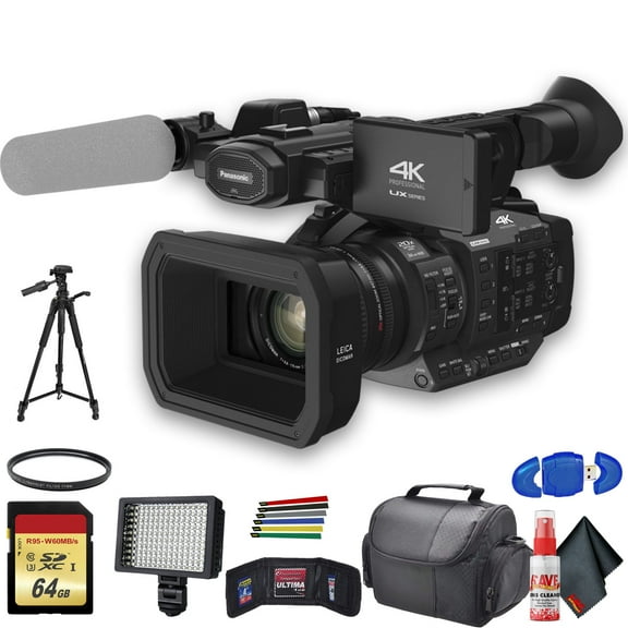 Panasonic AG-UX180 4K Professional Camcorder (AG-UX180PJ8) with UV Filter, Tripod, Padded Case, LED Light, 64GB Memory C