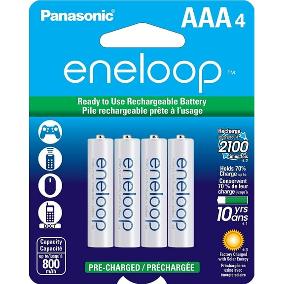 Panasonic BK-4MCCA4BA Eneloop AAA 2100 Cycle Ni-MH Pre-Charged Rechargeable Batteries, Pack of 4