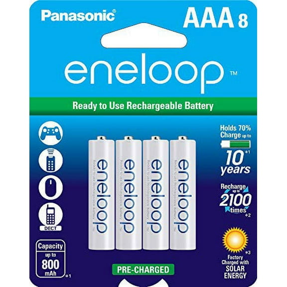 Panasonic BK-4MCCA8BA eneloop AAA 2100 Cycle Ni-MH Pre-Charged Rechargeable Batteries, 8 Pack
