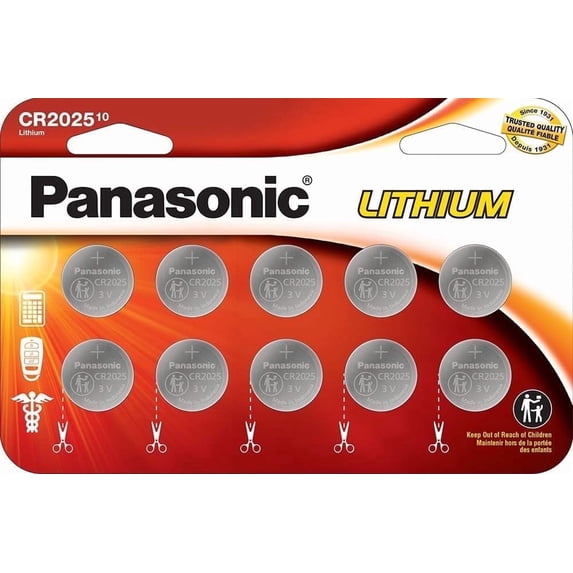 Panasonic CR2025 Lithium Coin Cell Batteries in Child Resistant, 10 Pack