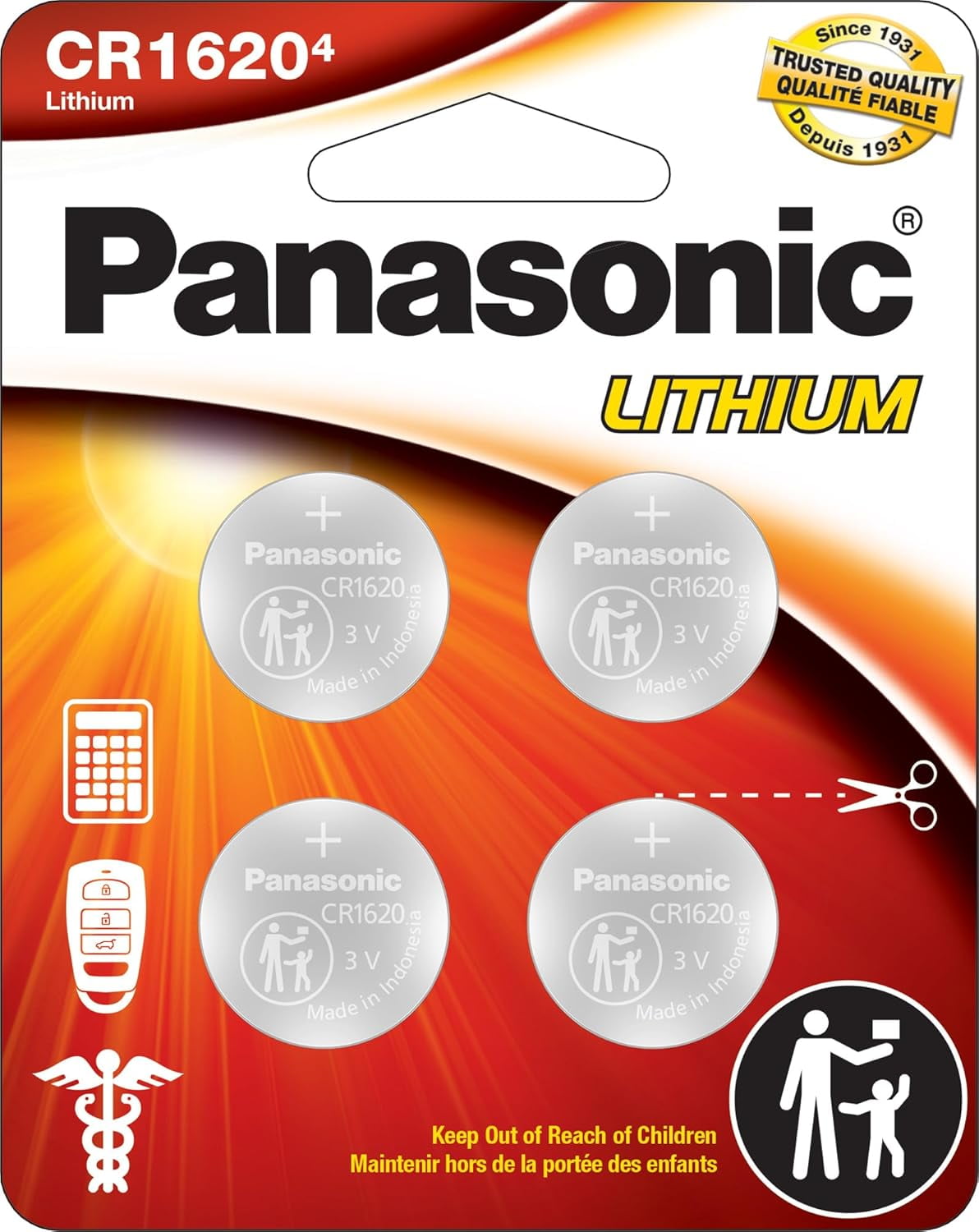 Panasonic CR1620 3.0 Volt Long Lasting Lithium Coin Cell Batteries in Child Resistant , Standards Based Packaging, 4 Pack