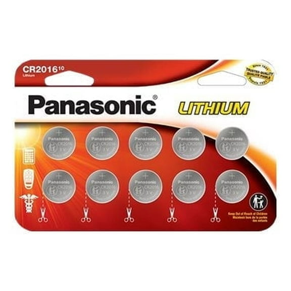 Panasonic CR2016 Lithium Coin Cell Batteries in Child Resistant, 10 Pack