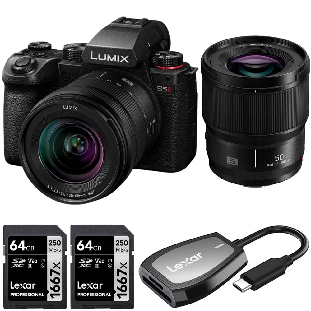 Panasonic DC-S5M2WK Lumix S5II Full-Frame Mirrorless Camera w/ 20-60mm F3.5-5.6 and 50mm F1.8 Lens Bundle with 2x Lexar Professional 1667x 64GB SDXC Memory Card and Lexar Pro USB-C Dual-Slot Reader