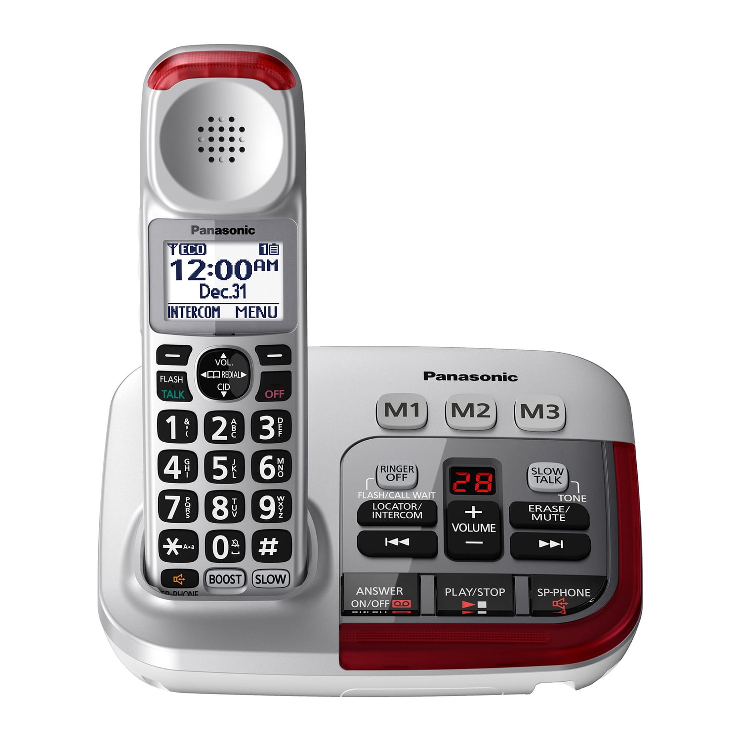 Panasonic DECT 6.0 Corded Cordless Amplified Phone with Answering Machine & Noise Reduction, Silver with Red Visual Ringer, KX-TGM450S