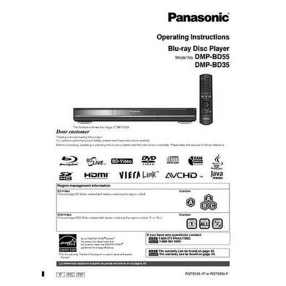 Panasonic DMP-BD35 DMP-BD55 Blu-ray Player Owners Instruction Manual REPRINT