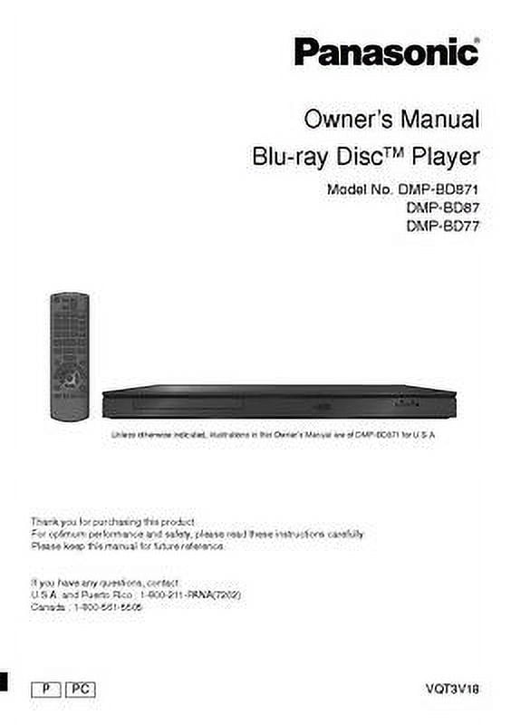 Panasonic DMP-BD77 DMP-BD87 DMP-BD871 Blu-ray Player Owners Instruction ...
