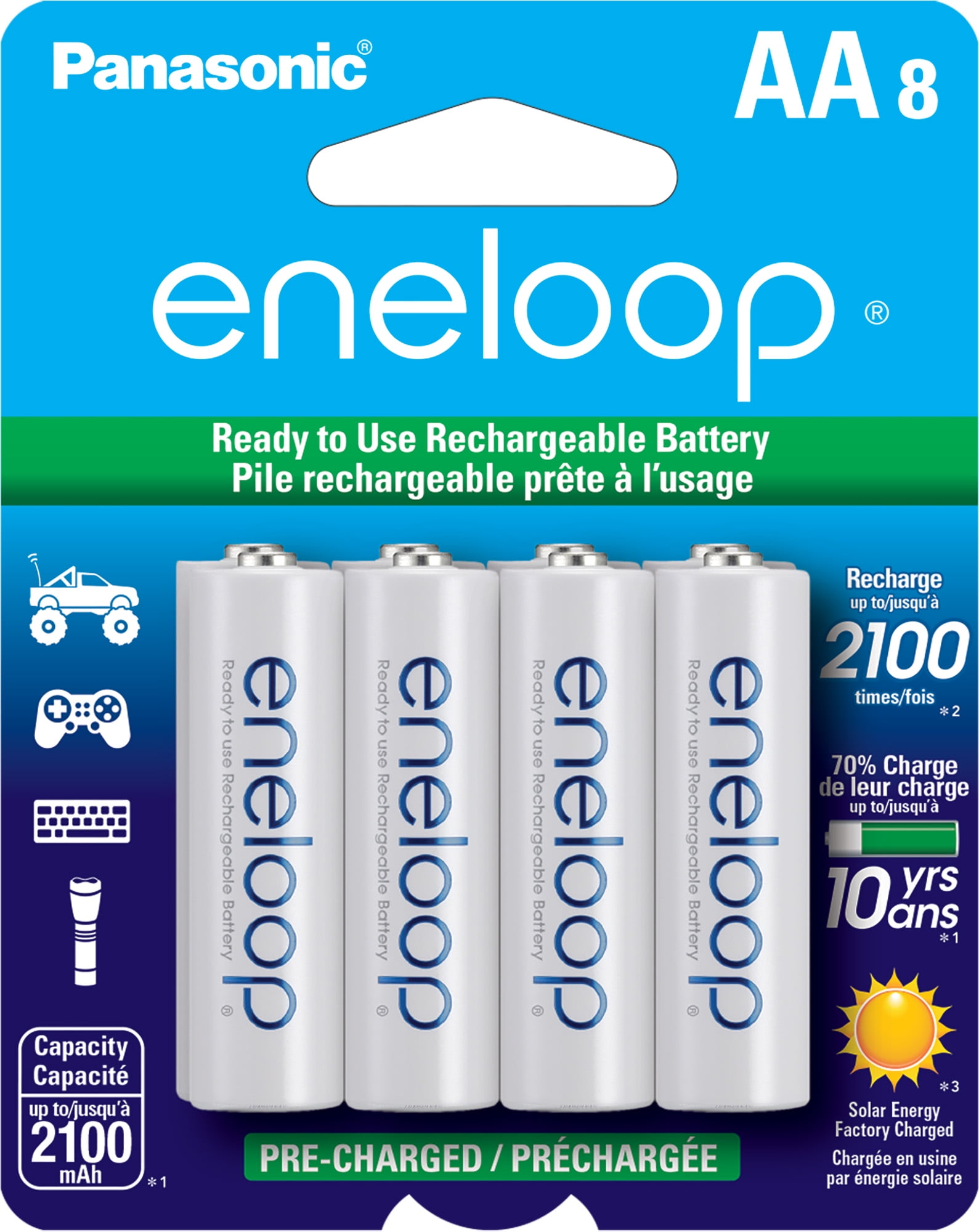 Panasonic Eneloop BK-3MCCA8BA Pre-Charged Nickel Metal Hydride AA Rechargeable Batteries, 8-Battery Pack