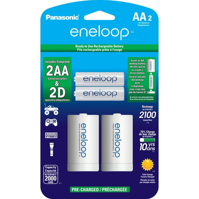 Panasonic Eneloop KKJS1MCA2BA D Size Battery Adapters with Eneloop AA 2100 Cycle NiMH Pre