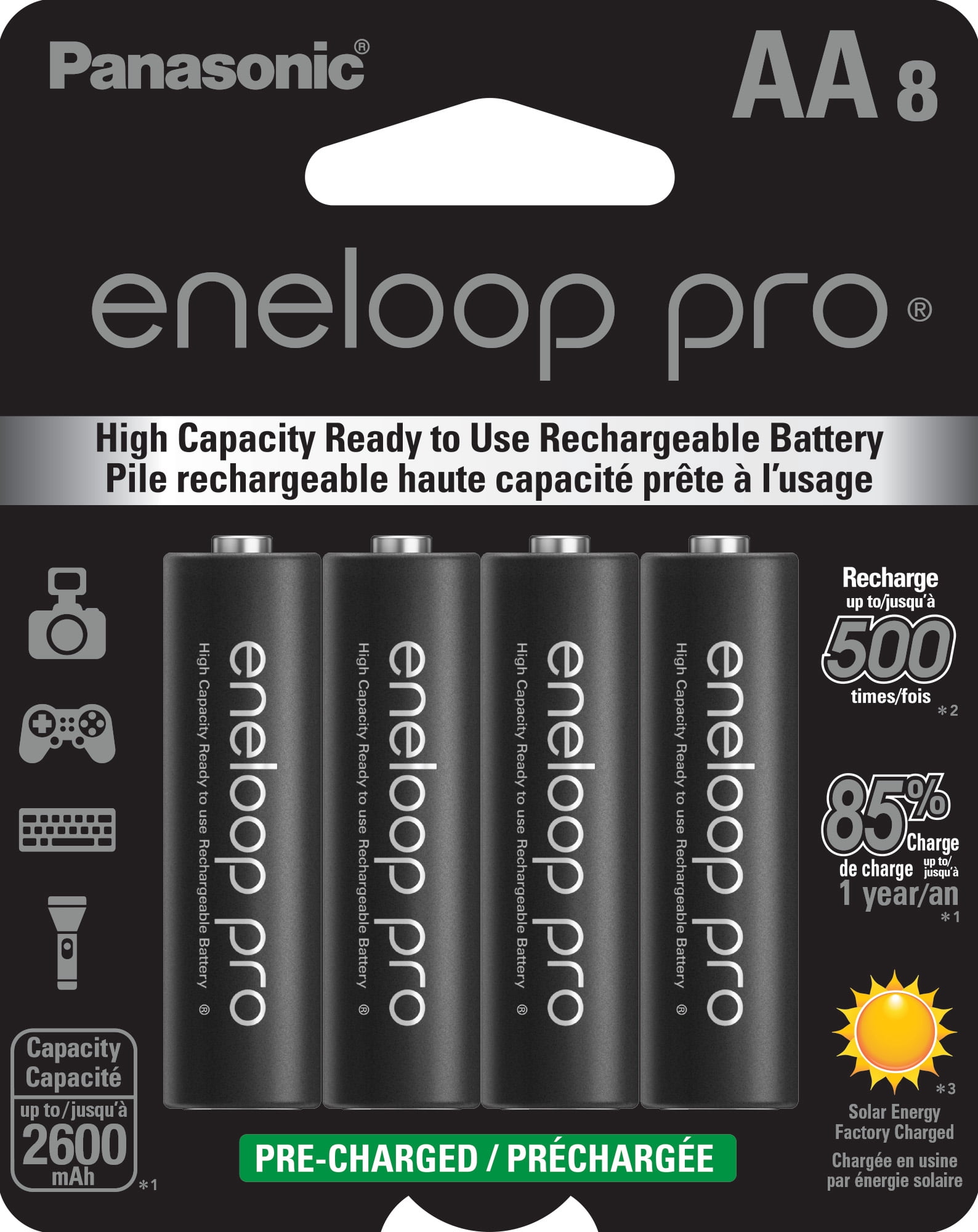 Panasonic Eneloop Pro BK-3HCCA8BA Pre-Charged Nickel Metal Hydride AA High-Capacity Rechargeable Batteries, 8-Battery Pack
