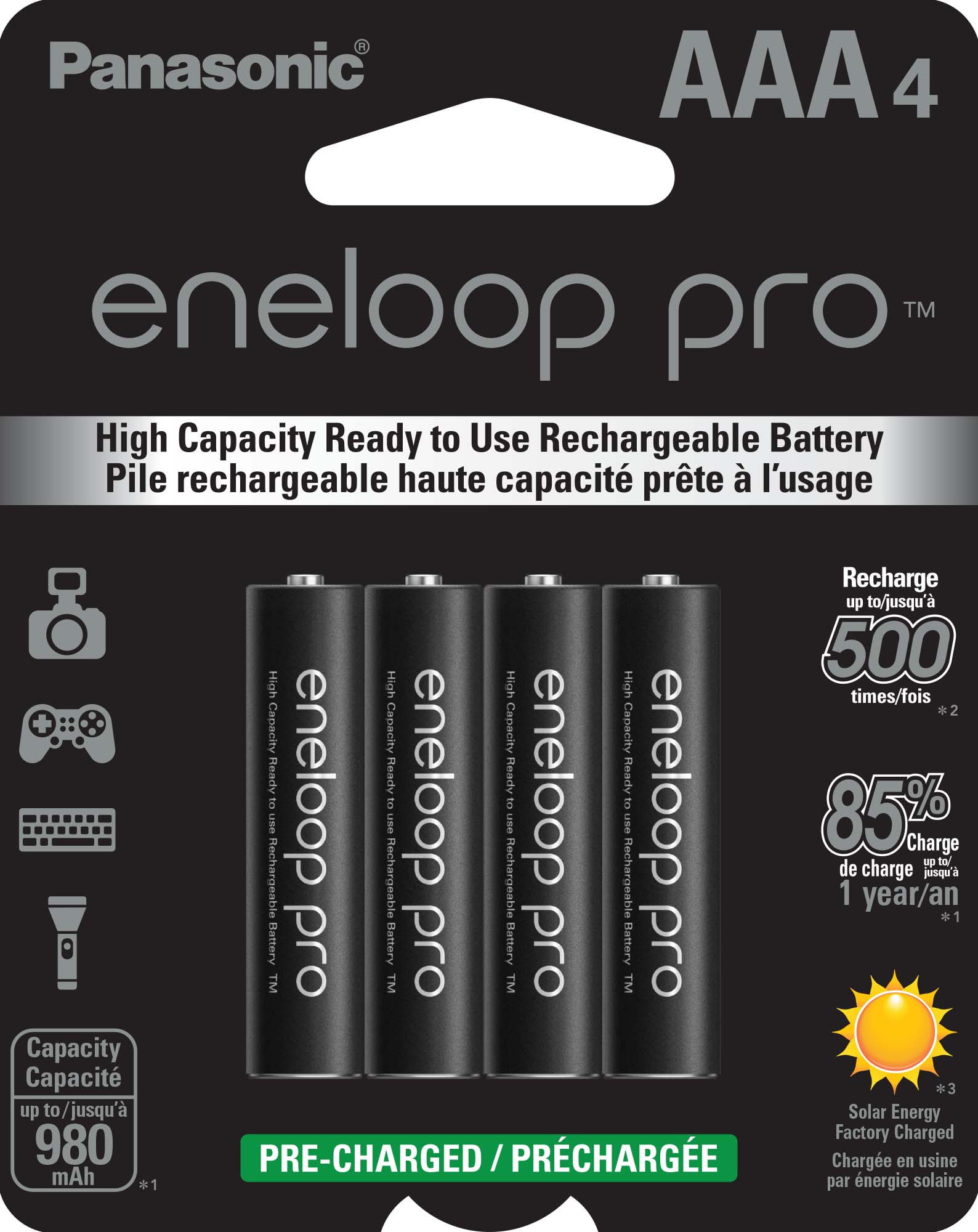 Panasonic Eneloop Pro BK-4HCCA4BA Nickel Metal Hydride AAA High-Capacity Rechargeable Batteries, 4-Battery Pack